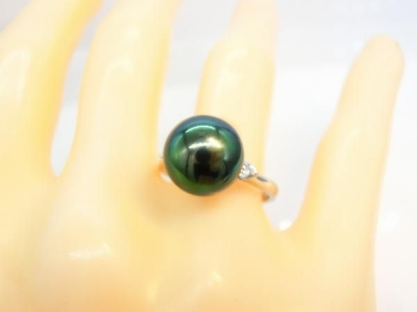 ピーコックグリーン 黒蝶真珠 ダイヤモンドリング P 10.7mm D 0.08ct Pt900