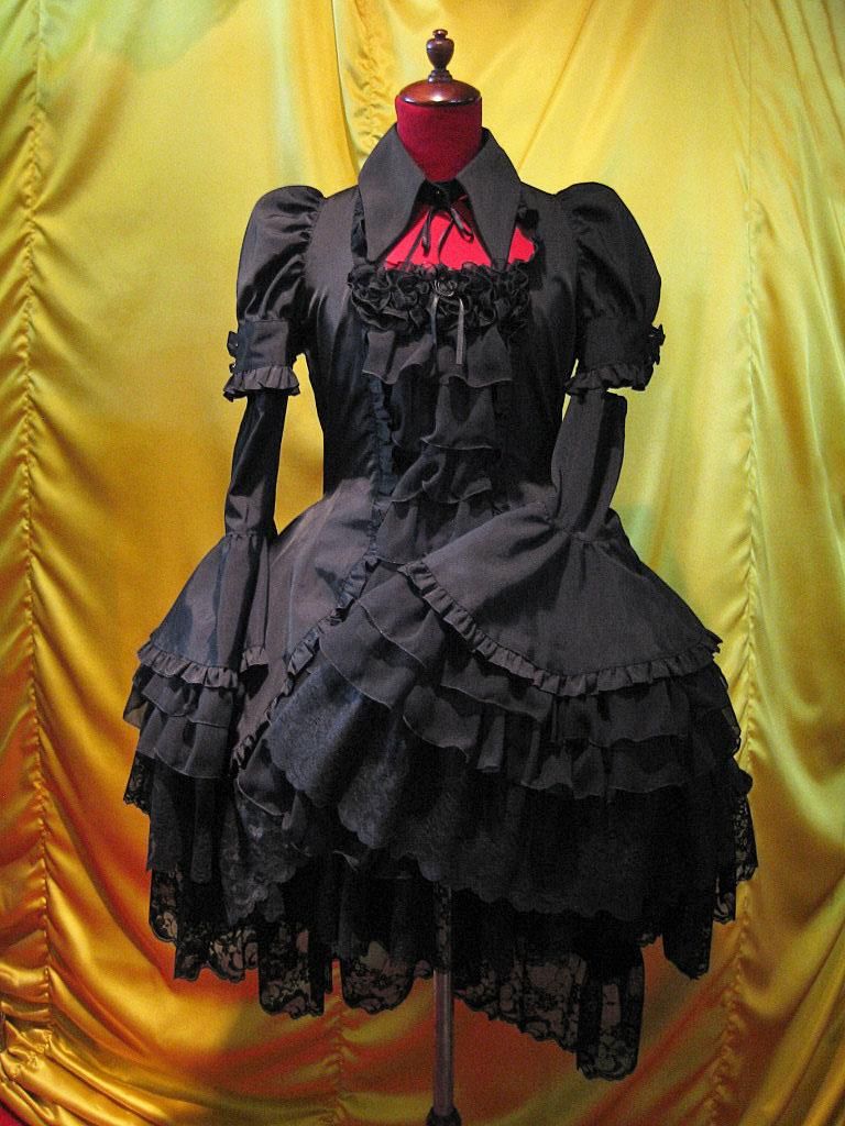 ◇受注商品◇別衿・姫袖付きドレスワンピース：黒×黒フリル L~LLサイズ