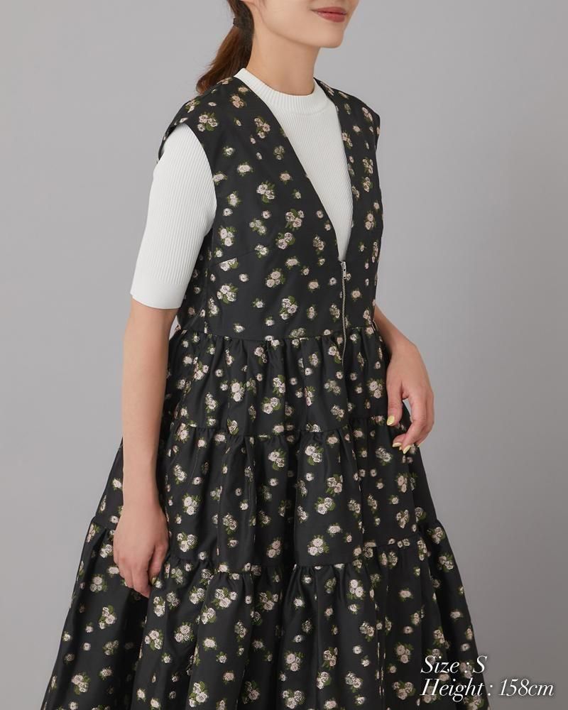 Vネックジャガードワンピース(ブラック×ピンク) - seventen