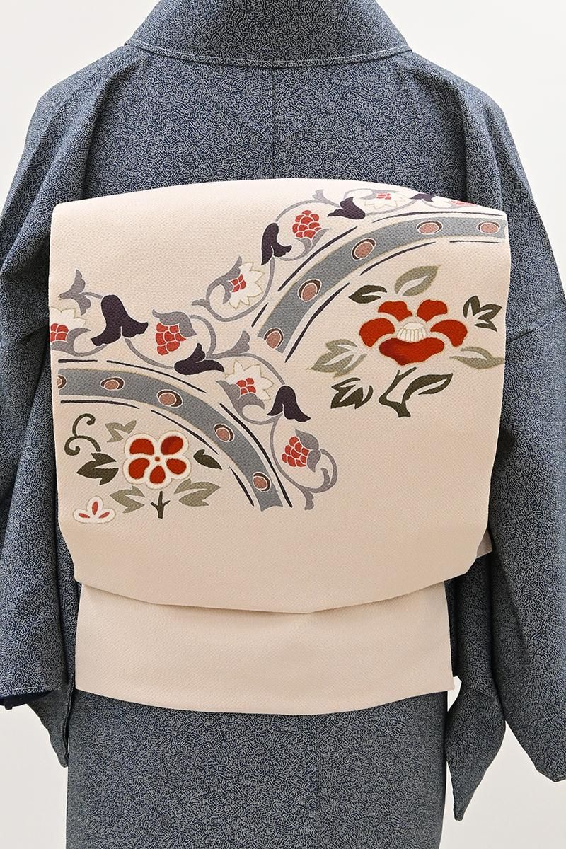 銀座【H-1030】縮緬地 染名古屋帯 灰梅色 唐花文 - 銀座きもの青木