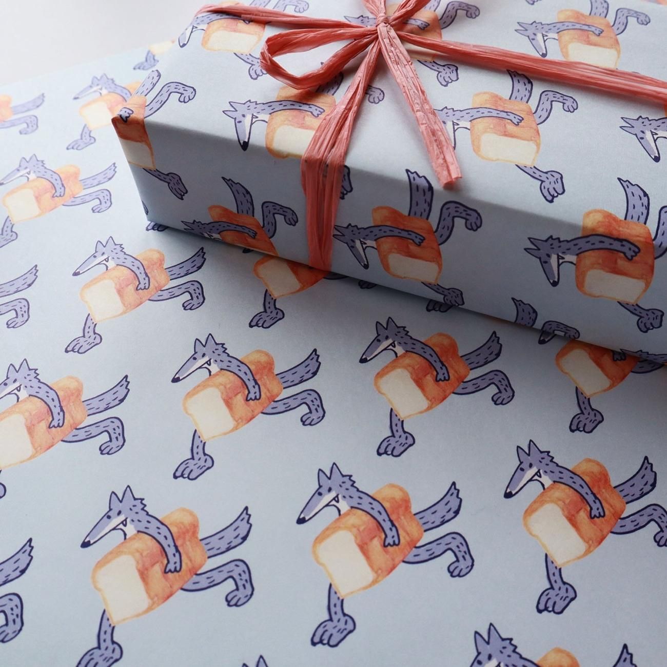 食パン運ぶオオカミ柄 ラッピングペーパー/包装紙 5枚 - おしゃれな