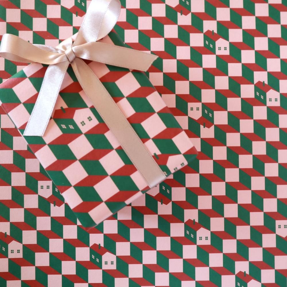 ボックスハウス柄／ピンク×グリーン ラッピングペーパー/包装紙 5枚