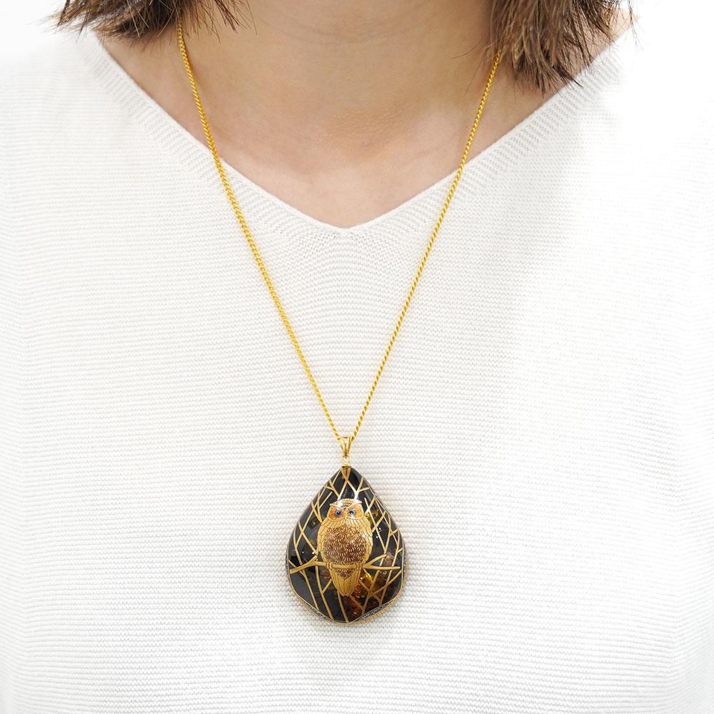 ふくろう蒔絵 琥珀ペンダント - うるしアートはりや通販｜針谷蒔絵