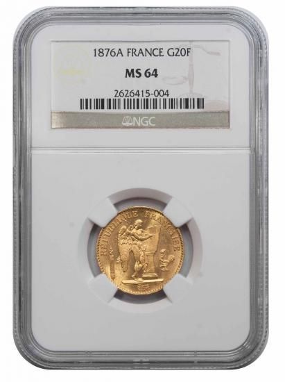 フランス 1876A 20フラン エンジェル エンゼル 金貨 NGC MS64 - 【鑑定