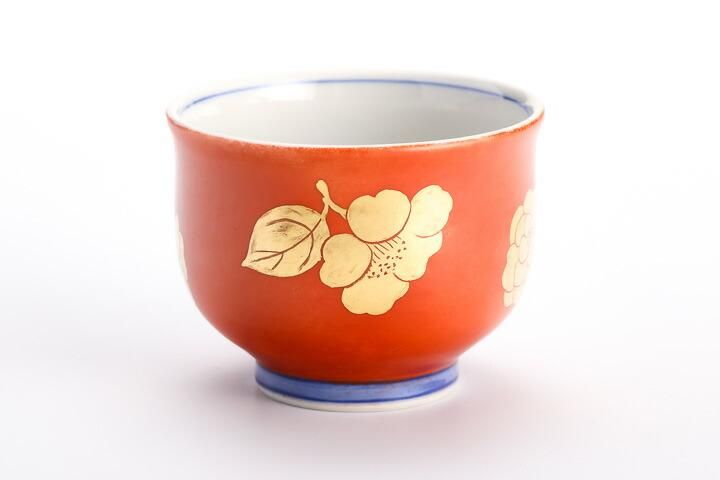 色絵金彩 盃 椿紋 橙 /錦山窯 KINZAN