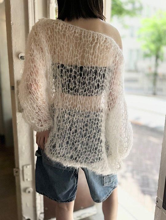 TOFFS - White hand knitted mohair fishnet sweater《Made in France