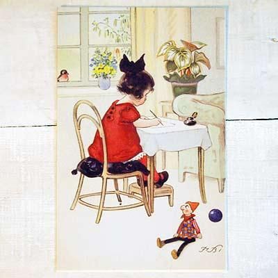 フランスポストカード 手紙 女の子 お人形 小鳥（Une letter A）