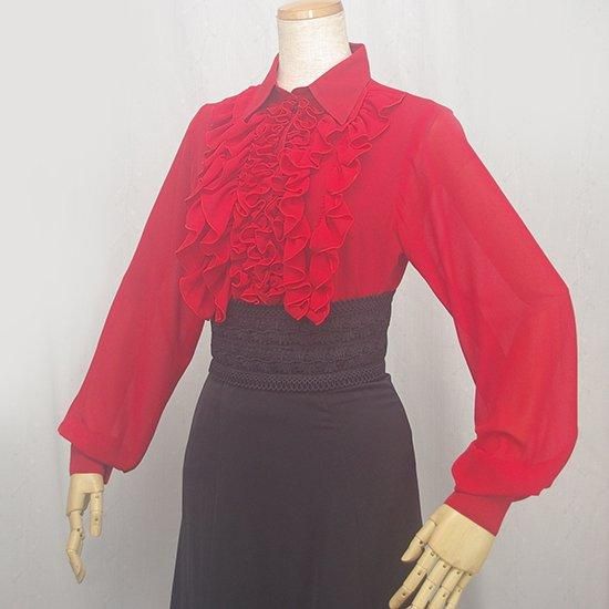 胸元フリル6cmカフスブラウス シャツカラー 濃いめのレッド（裏地付き