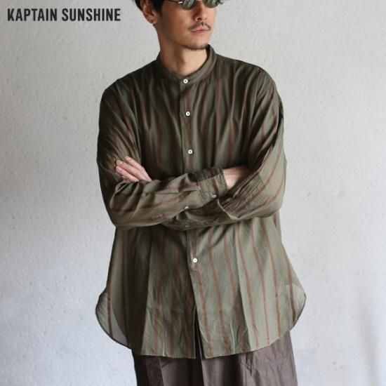 Kaptain Sunshine】Stand Collar Shirt OLIVE STRIPE スタンドカラー