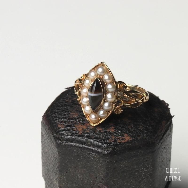 アンティーク 18Kゴールド オニキスxシードパール マーキスピンキー