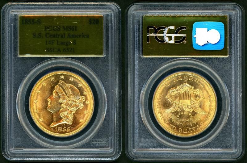アメリカ 1855S 20ドル金貨 セントラルアメリカ号 PCGS MS61 - 名古屋