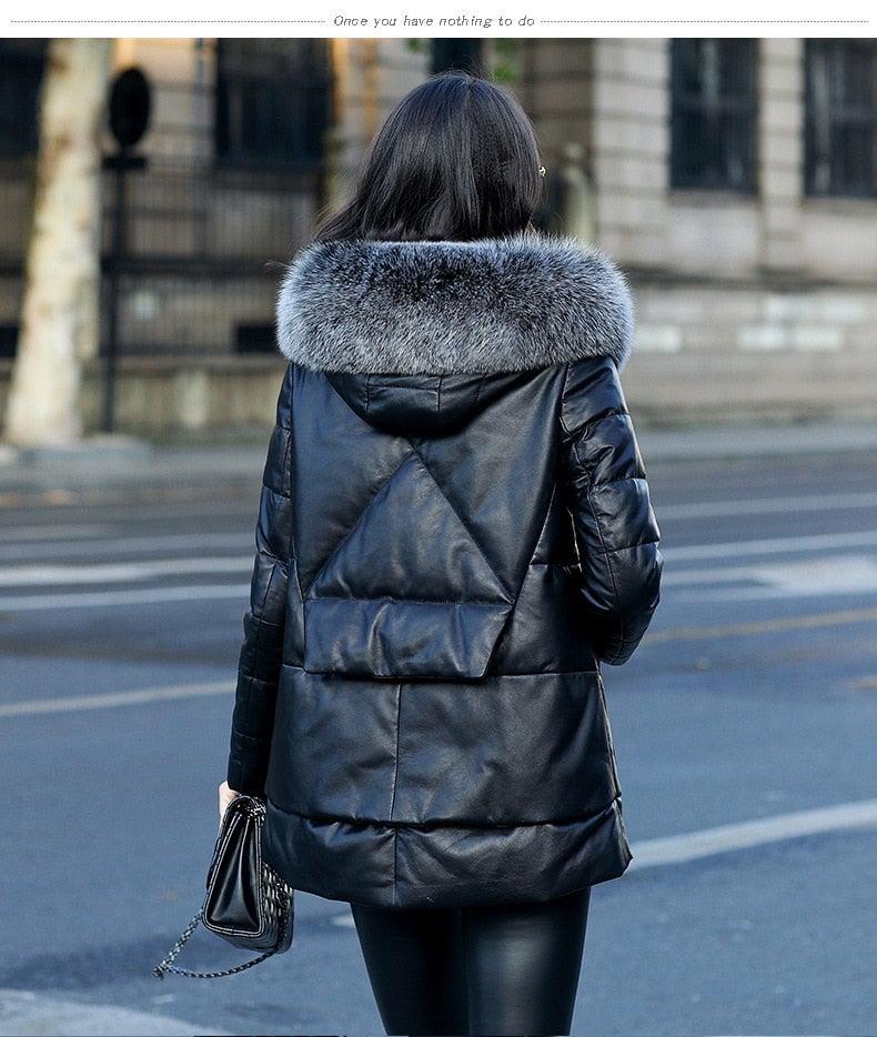 Genuine Leather Jacket Women Faux Fox Fur and Hooded – Inland