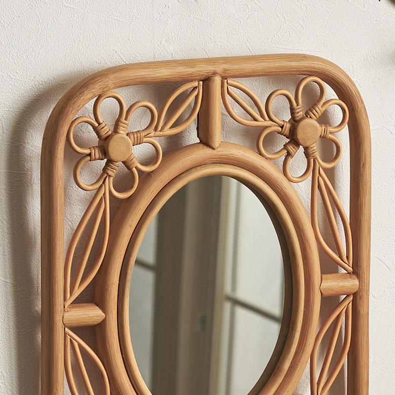 ミラー 鏡 ラタン 籐 高さ 42cm ナチュラル デイジー フラワー