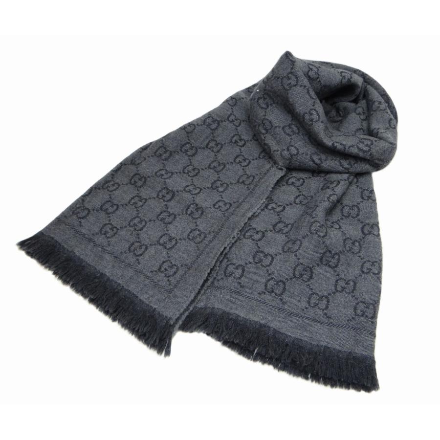 GG GUCCI グッチ GG柄 ウールマフラー ストール グレー＜USED