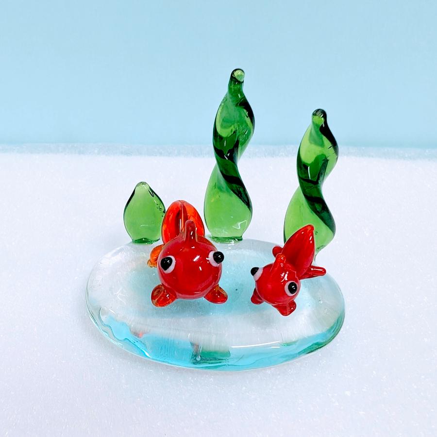 ガラス細工 金魚（赤）ペア（海草台付）ミニチュア 雑貨 置物 小物 夏