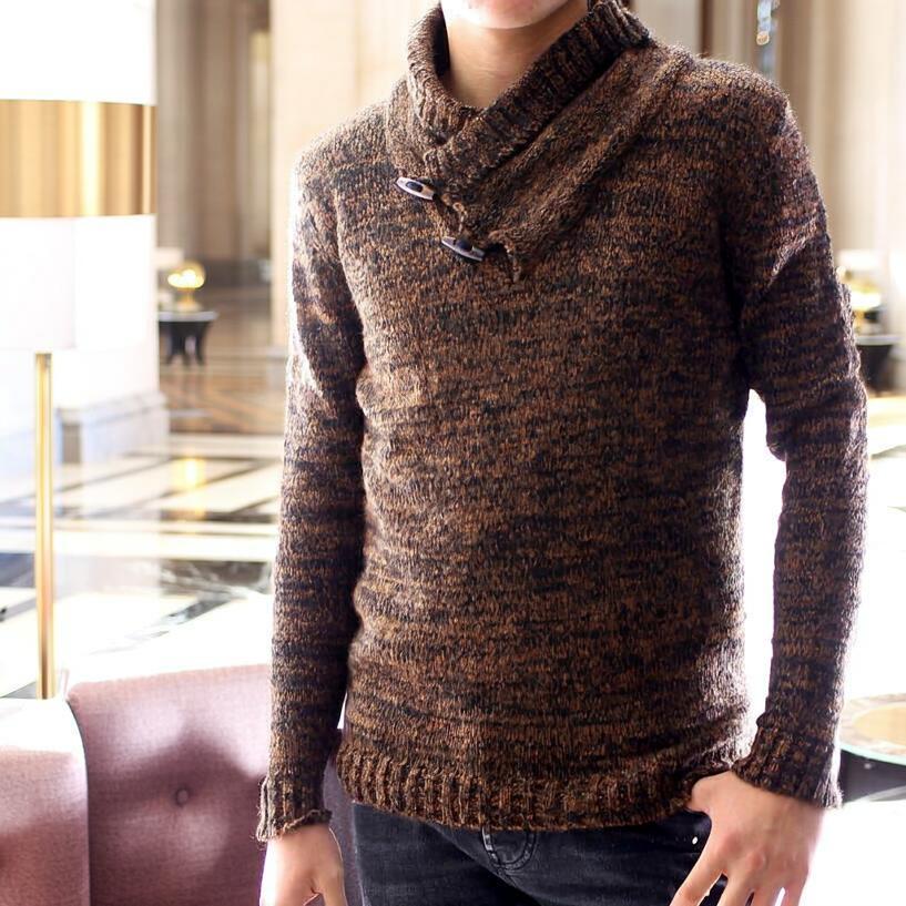 ショールカラー ニット セーター ハイネック茶/グレー メンズ ウール