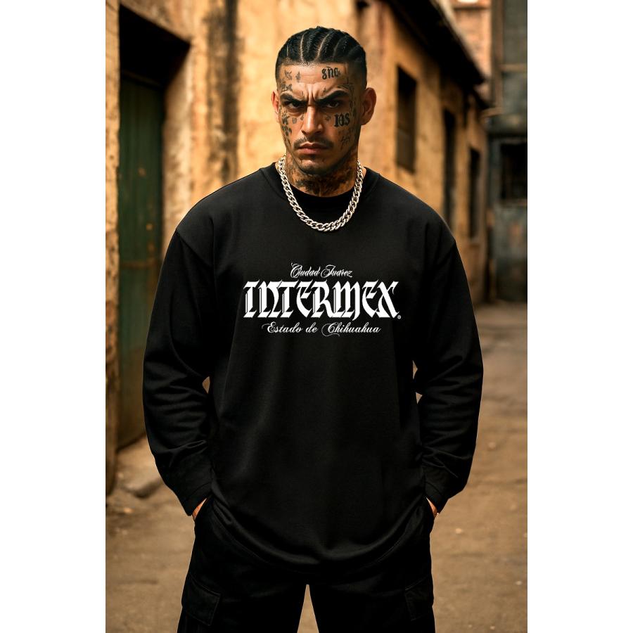 長袖 Tシャツ 服 INTERMEX itm-077 炎 スカル柄 ロンT 黒 白 ドクロ