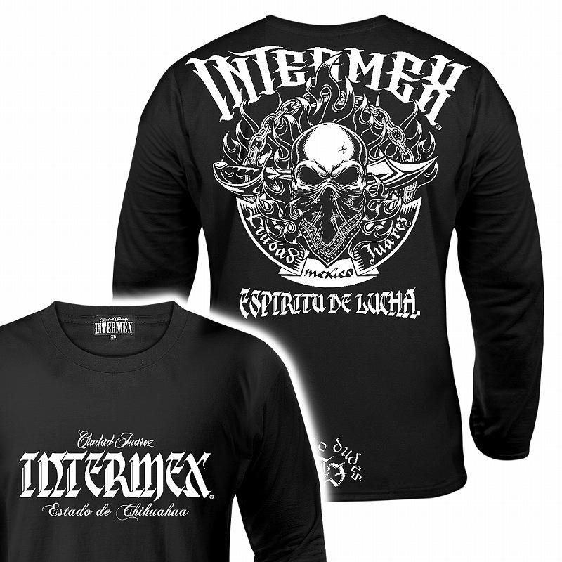 長袖 Tシャツ 服 INTERMEX itm-077 炎 スカル柄 ロンT 黒 白 ドクロ