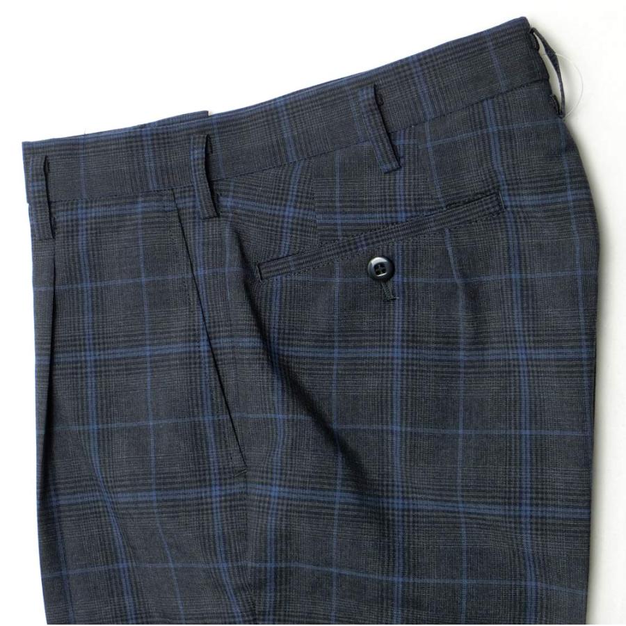 制服スラックス 夏用 濃グレーグレンチェック ブルーライン ワンタック