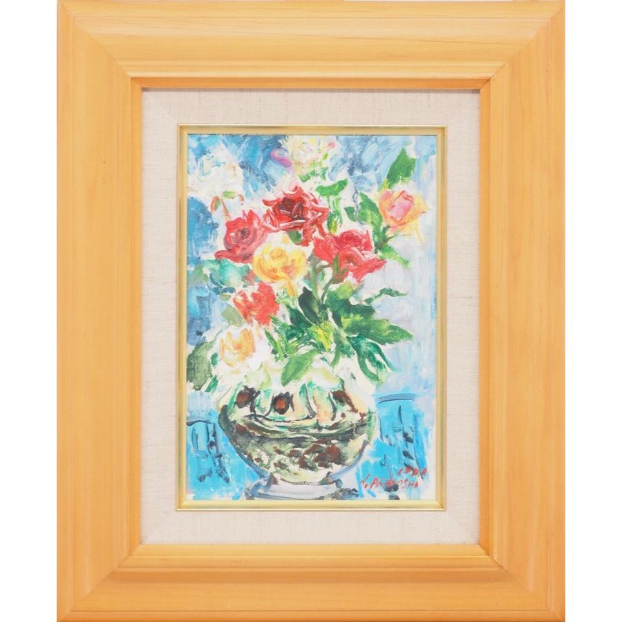 真作】【渡鹿庵】[赤星宣利] 8492 絵画 油彩画 「ばら」 SM 花鳥図