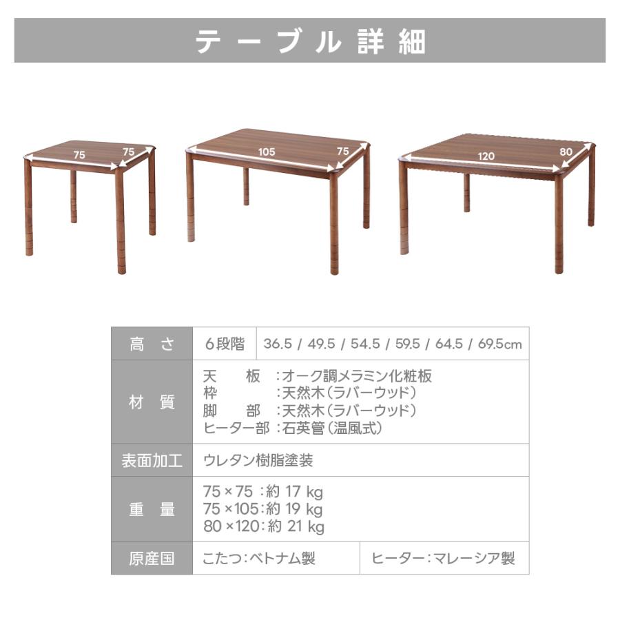 こたつテーブル 高さ6段階調整 75×75cm 回転高座椅子 掛け布団 4点