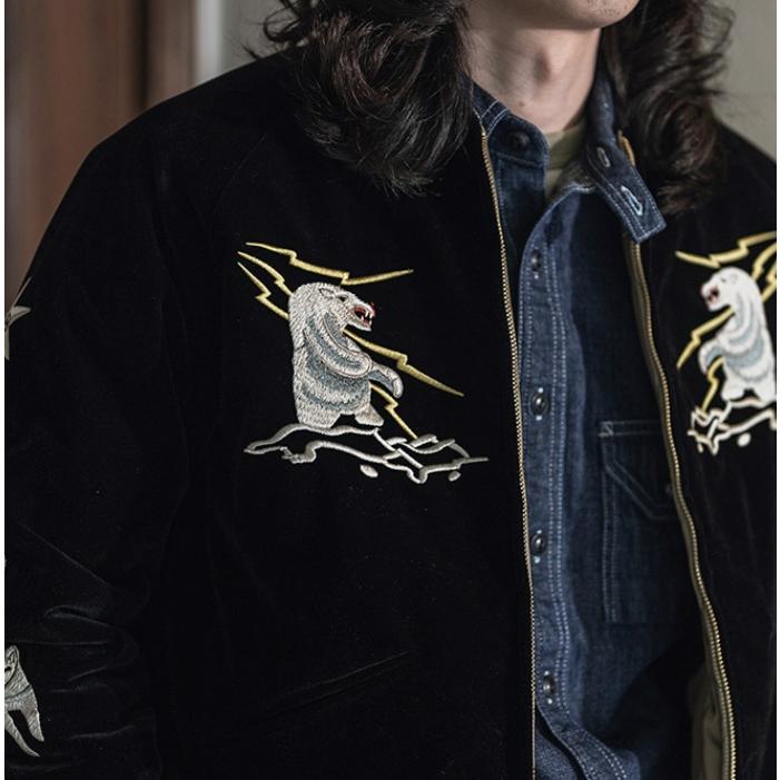 スーベニアジャケット アラスカ スカジャン 黒 白熊 鹿 刺繍 米軍