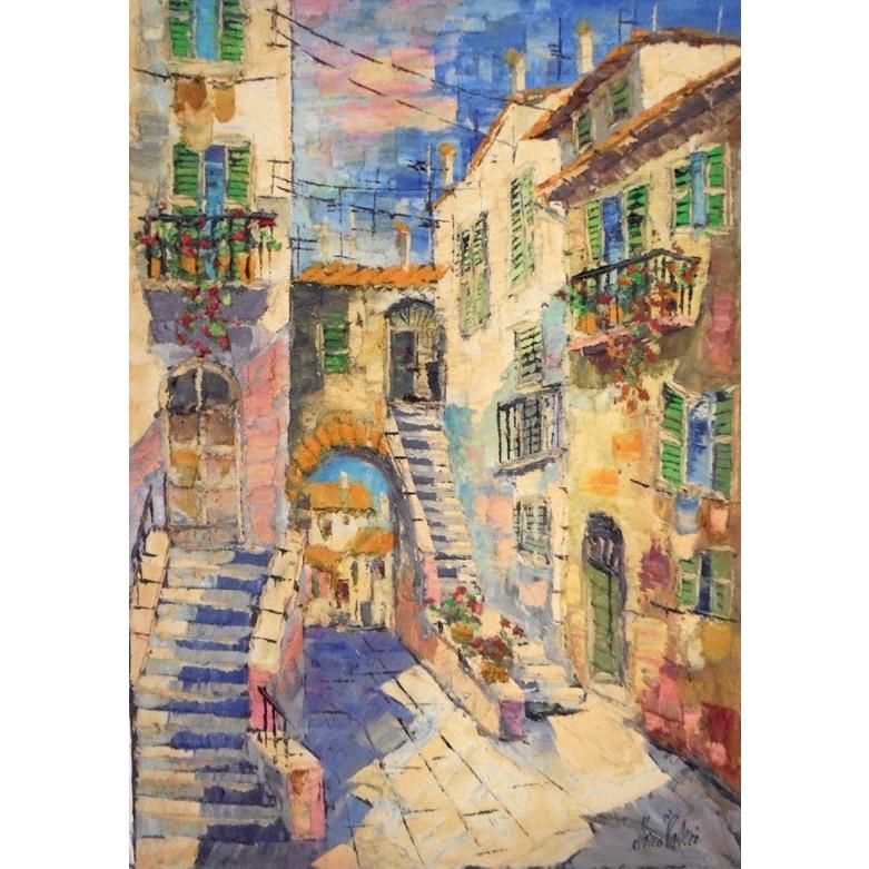 油絵 絵画 マルコ 作 イタリア風景・トスカーナの旧市街 リビング