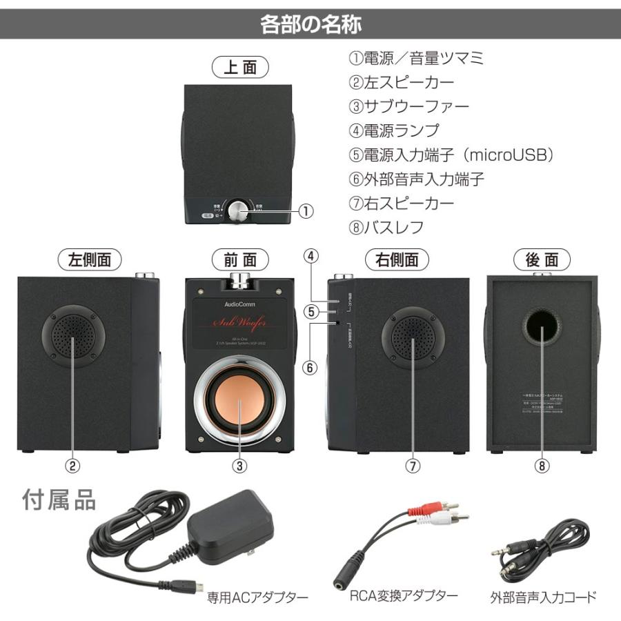 AudioComm スピーカー 有線 パソコン テレビ スマホ 一体型2.1ch