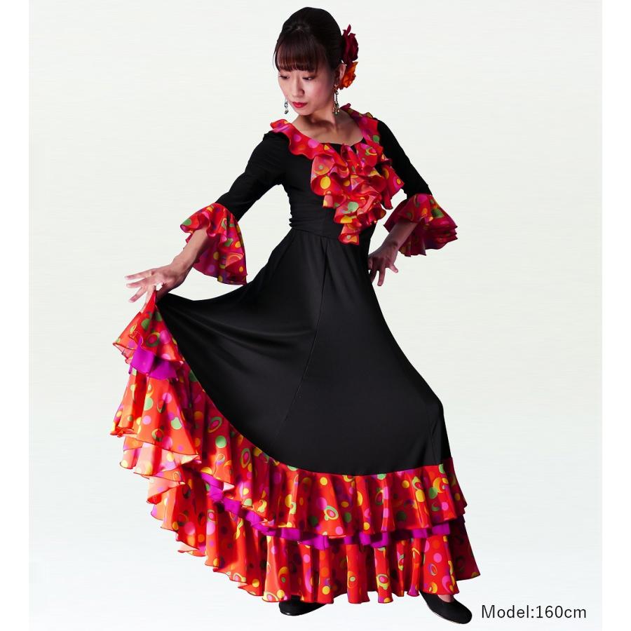 フラメンコ 水玉 フリル ファルダ スカート ブラック×レッド