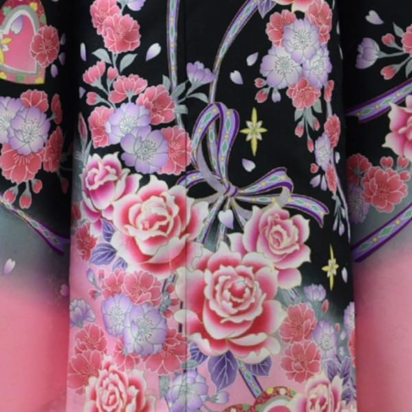 七五三 女の子 着物 レンタル 7歳 黒ぼかしピンクバラ《身長》120cm