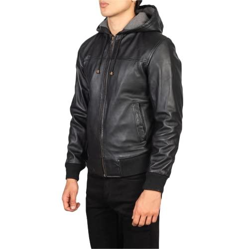 並行輸入品】Mens Genuine Black Hooded Bomber Leather Jacket | Real