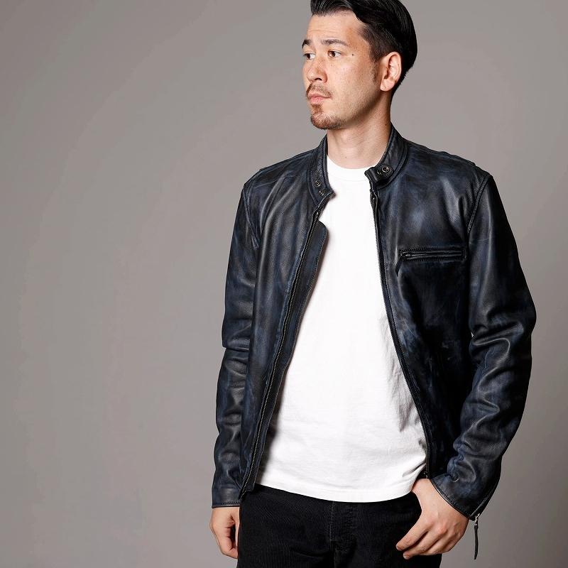 本革 ラムレザー】ネイビー シングルライダースジャケット メンズ