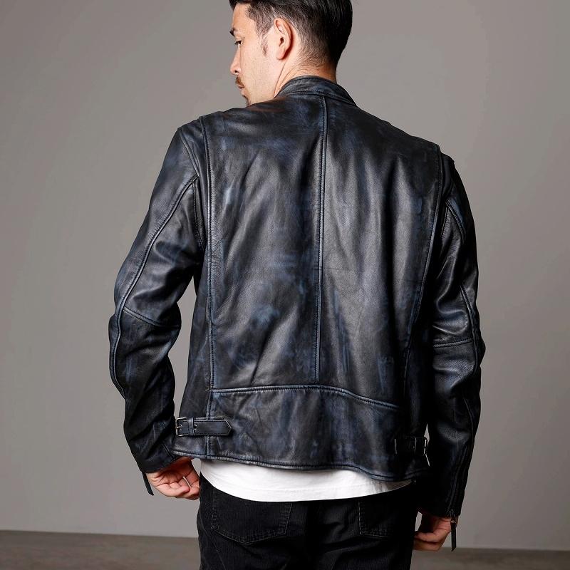 本革 ラムレザー】ネイビー シングルライダースジャケット メンズ