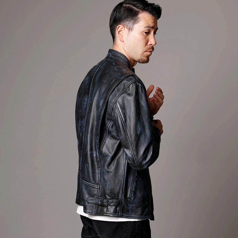 本革 ラムレザー】ネイビー シングルライダースジャケット メンズ