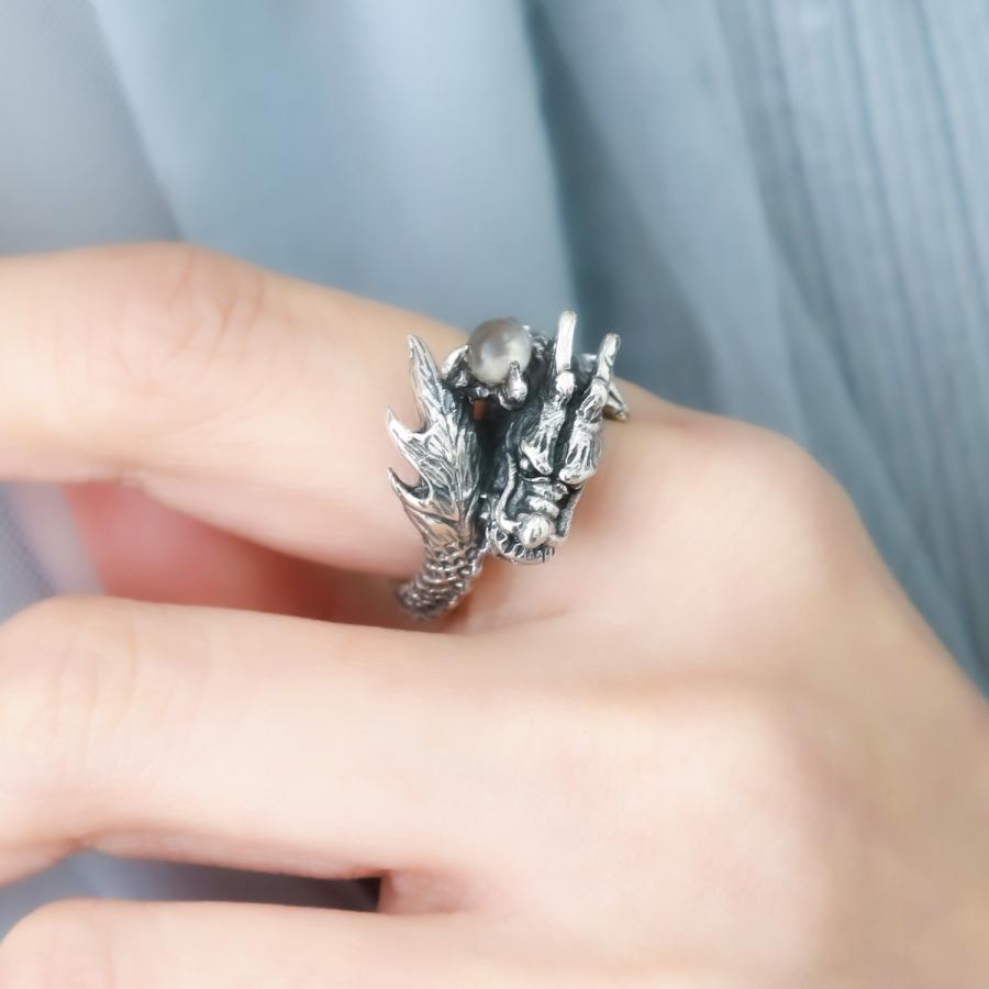 リング シルバー925 水晶 クリスタル ドラゴン 龍 風水 幅広 大ぶり ご