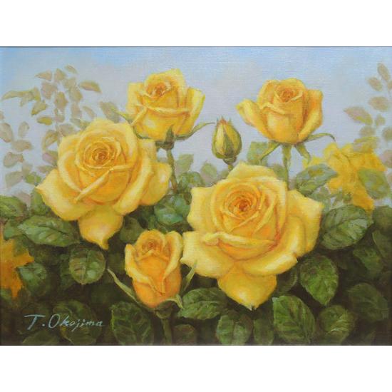絵画 油絵 ばら（黄色いバラ） （岡島哲夫） 【肉筆】【油絵】【花
