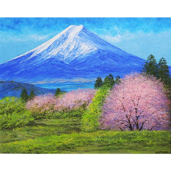 絵画 油絵 富士山と桜 F50号 （小川久雄） 【海・山】【肉筆】【油絵