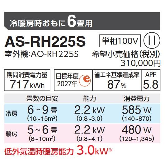 nocria 【2025年モデル】富士通ゼネラル AS-RH225S(W) ルームエアコン