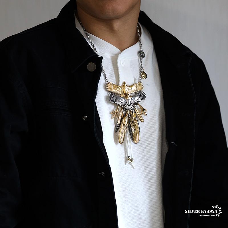 超豪華 フェザーネックレス 特大イーグル2枚重ね ステンレス イーグル