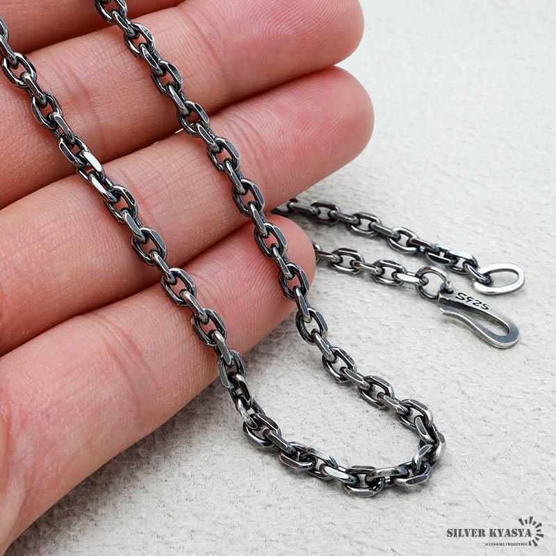 シルバー925 燻し仕上げ あずきチェーン ネックレス 幅4mm 50cm 4面