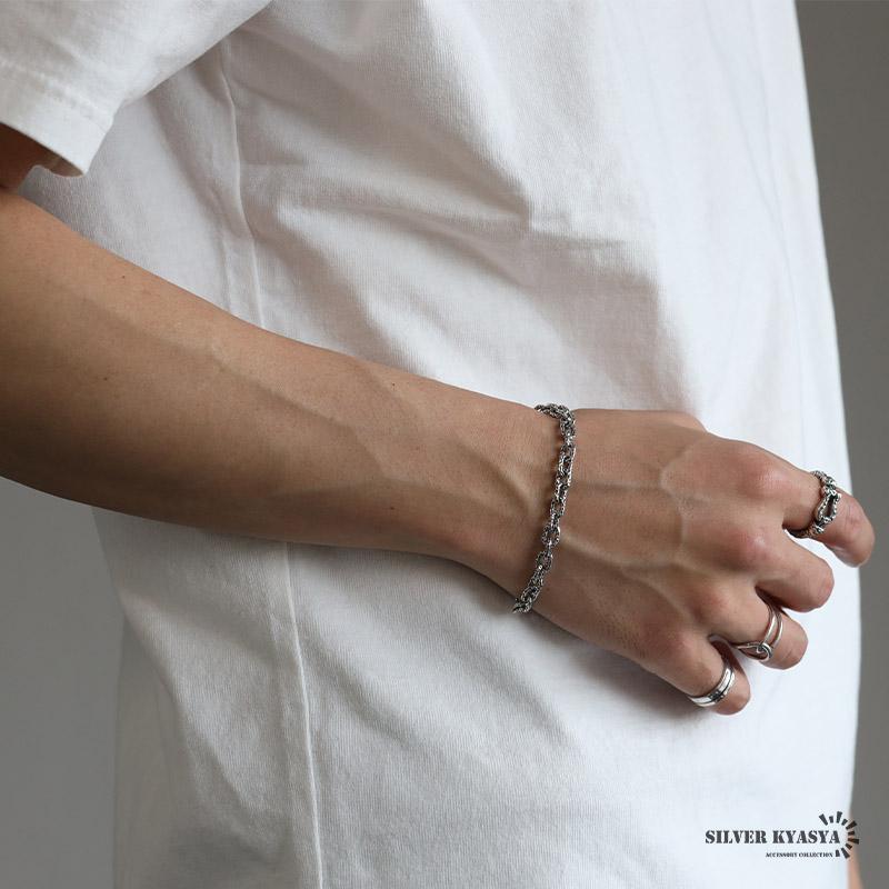 シルバー925 槌目 チェーンブレスレット 燻し加工 ブラック あずき