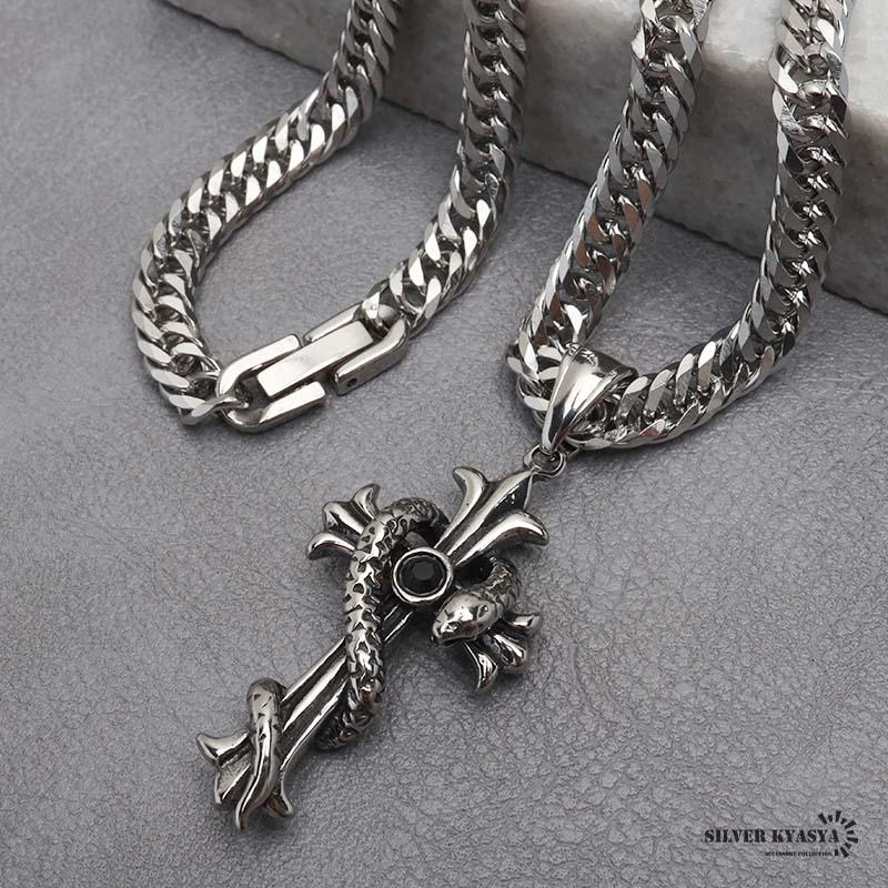 60cm) ステンレス クロスネックレス シルバー ダブル喜平チェーン