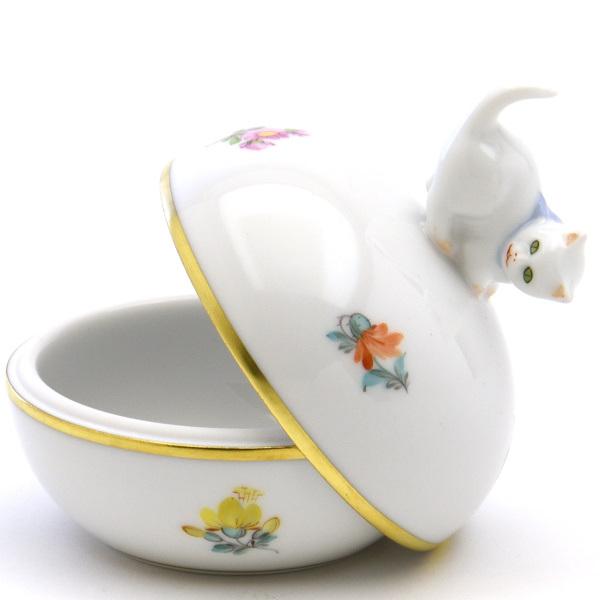 ヘレンド（HEREND） 丸形小物入れ(高さ:9cm)猫飾り ミルフルール(06033