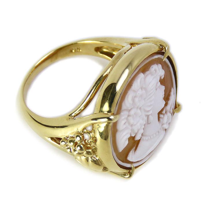 送料無料 K18 シェル カメオ リング 11号 鑑別書付 貴婦人の横顔 葡萄