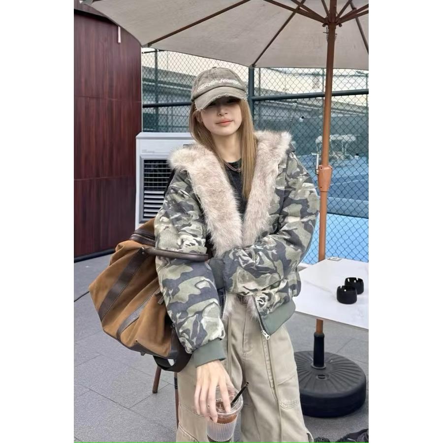 カモフラ 迷彩柄 ファー パーカー ジップアップ 韓国 ストリート系 Y2K