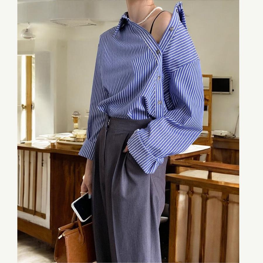 ブラウス 長袖 ストライプ 斜め ボタン アシンメトリー トップス