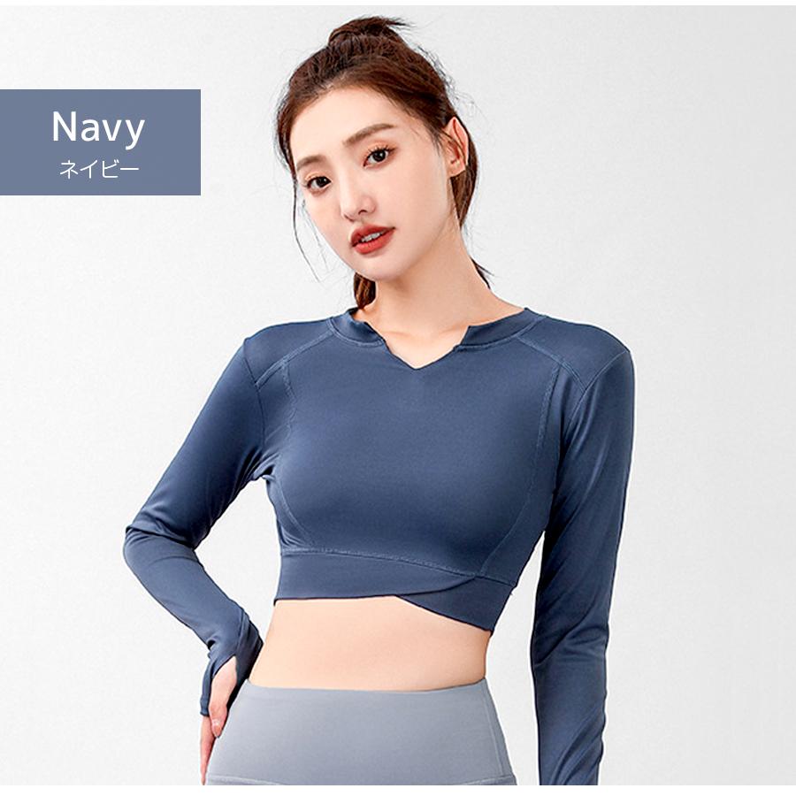 スポーツウェア トップス 長袖 指穴 ショート丈 キーネック