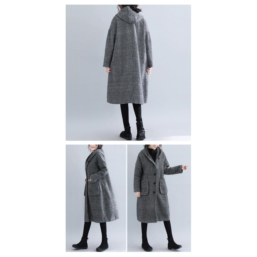 グレンチェックコートレディースアウターフーデットフードロング丈