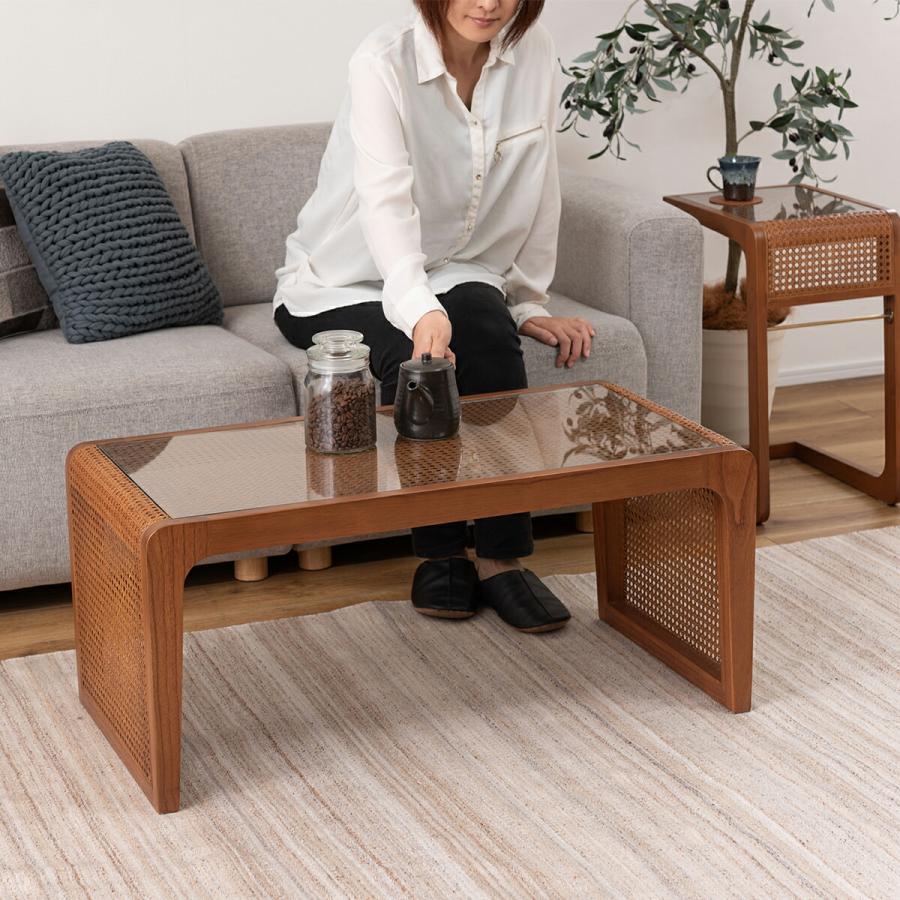 東谷 センターテーブル ローテーブル ラタン ガラステーブル 天然