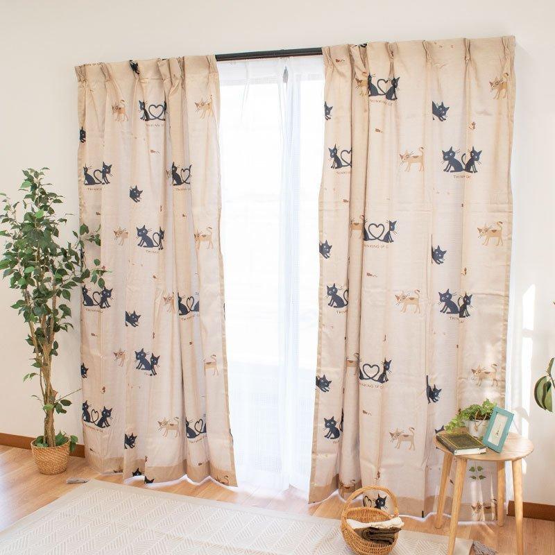 遮光カーテン 幅100cm×丈178cm 2枚組 ねこ柄 洗える ドレープカーテン